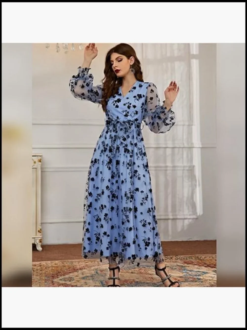 Floral Embroidered Tulle Maxi Dress with Puff Sleeves for Formal Occasions - Picture 4 of 6